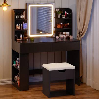 Devoko Dressing Table With LED Lighting, 3 Colors With Adjustable Brightness, Dressing Table With Mirror For Make-Up, Cosmetic Table With Adjustable Shelves, 2 Drawers, Modern, White