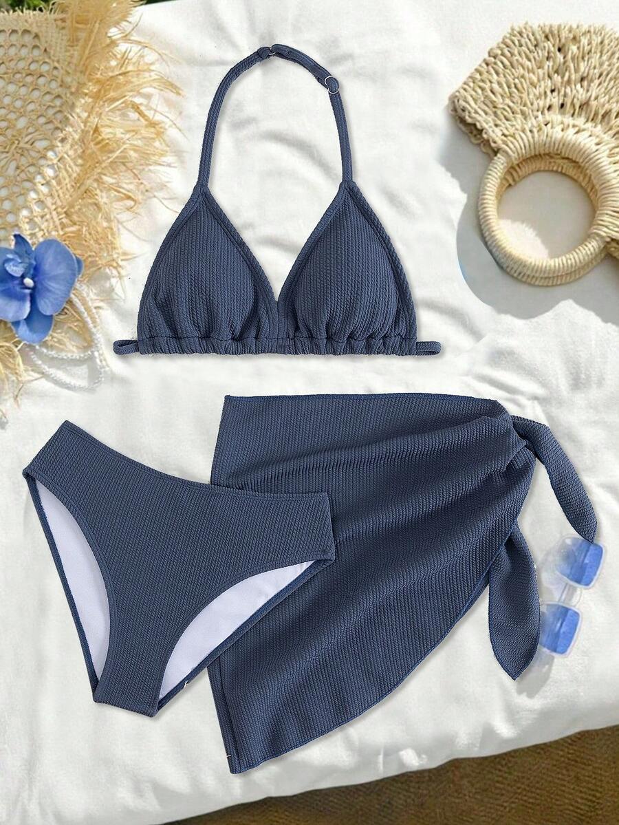 Tween Girls 3-Piece Knit Bikini Set With Halter Top, Patterned Fabric, And Modest Cover-Up Skirt, Suitable For Beach Swimming, European And American Fashion - Blue - View 1