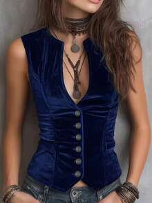 Áo hai dây nữ thời trang phong cách Bohemian retro, cổ chữ V không tay, ôm eo, chất liệu nhung màu trơn, cài cúc kim loại, thanh lịch, thích hợp mặc hàng ngày và hẹn hò, mùa xuân/hè. - Xanh đậm - Xem 1