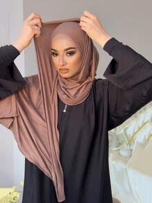 1pc Ready To Wear Breathable Non-Slip Convenient Muslim Hijab Scarf, Instant Hijab - Dark Khaki - View 6