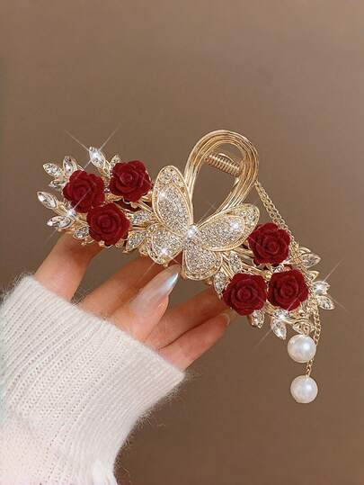 1pc Women's Red Rose Tassel Hair Claw Clip, Elegant Hair Claw Hairpin For Brides, Cheongsam, Formal Wear Hair Clips Fashion Hair Accessories Vacation Hair Clutch