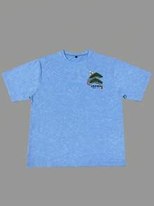 Zrgoth Men's Casual Versatile Minimalist Japanese Crane Print Retro Washed Short Sleeve T-Shirt - Baby Blue - View 4