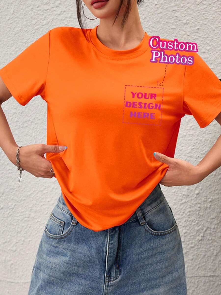 Camiseta personalizada para mujer - Agrega tu propia foto (paisaje/insignia/foto de pareja/foto familiar/selfie/mascota, etc.), diseña tu propia camiseta impresa personalizada como regalo para tu novia, camiseta de pareja, adecuada para aniversario, Día de San Valentín, Día de la Madre, cumpleaños, vacaciones. Camiseta de hombros rectos personalizada, blusa deportiva para mujer, camiseta gráfica personalizada, camiseta de manga corta para mujer - Naranja - Ver 1