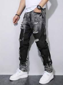 Men Autumn‑Winter American High‑Street Jet‑Black Tie‑Dye Denim Jeans, Edgy Street‑Style Straight‑Leg Pants - Black - View 4