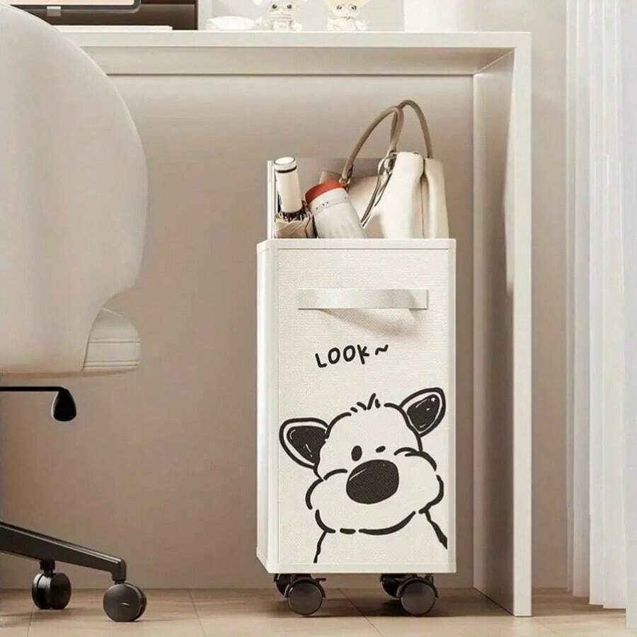 Cute Animal Design Mobile Storage Cart, 360° Rotation, Detachable Under-Desk Organizer With Wheels, Office Supply Trolley, Laundry Basket - white - 查看 1