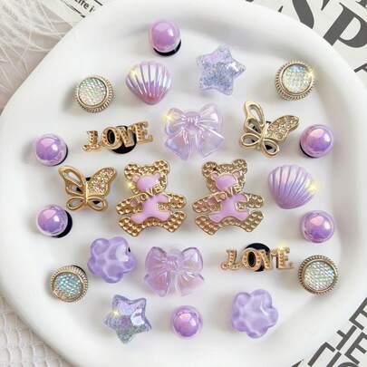 24个金色和紫色小熊鞋夹，紫色蝴蝶结鞋饰，可拆卸鞋饰，时尚优雅，适用于凉鞋、拖鞋，是节日送礼佳品。