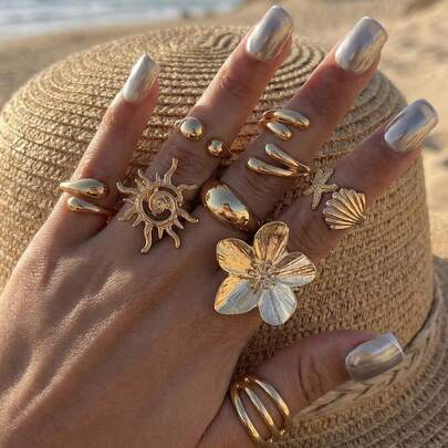Bộ 8 chiếc nhẫn mạ vàng phong cách Bohemian, hình hoa hướng dương, vỏ sò, sao biển, nhẫn xếp chồng độc đáo, trang sức cá tính, phụ kiện đeo ngón tay mang hơi hướng Y2K, thích hợp làm quà tặng du lịch, sinh nhật cho bạn gái.