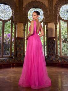 Faeriesty Đầm dạ hội thanh lịch dành cho nữ, thiết kế hở lưng cổ chữ V sâu gợi cảm, lớp vải lưới xuyên thấu, dáng đuôi cá, phù hợp cho các lễ hội âm nhạc, tiệc tùng trang trọng, dạ hội, đám cưới và lễ đón năm mới. - Màu Hồng Tươi - Xem 2