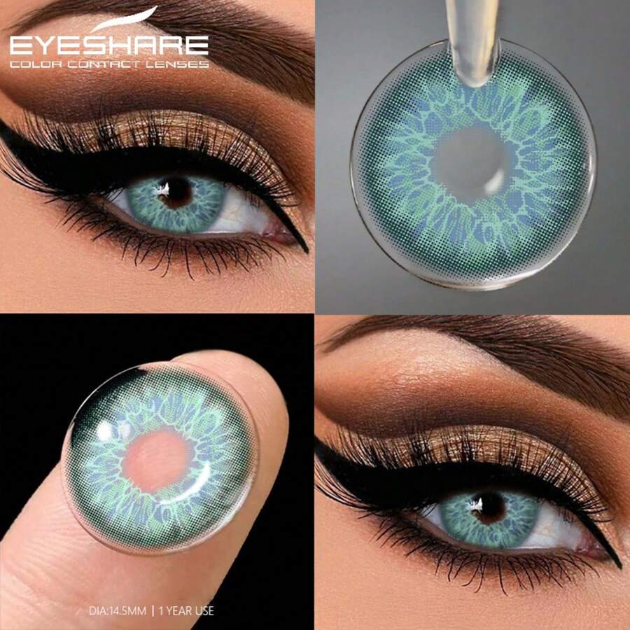EYESHARE 1副灰色放大双眼自然年抛型大直径彩色隐形眼镜，适合约会或日常佩戴，蓝色镜片