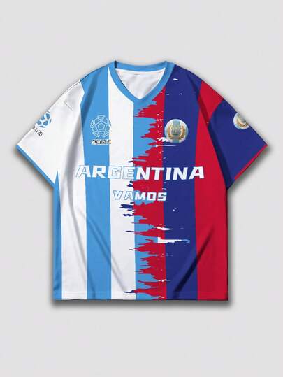 Men's Fitted Short Sleeve T-Shirt With Letter & Number Print, World Cup National Team & Football Club Styles, Comfortable Lightweight Loose Fit, Campus & Street Style For Spring, Summer, Autumn