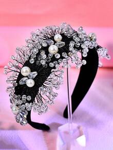 1pc Handmade Crystal Flower Headband, Elegant Pearl Wide-Banded Headpiece Suitable For Brides, Weddings, Celebrations, Gifts, Dates, Casual Wear - Black - View 8