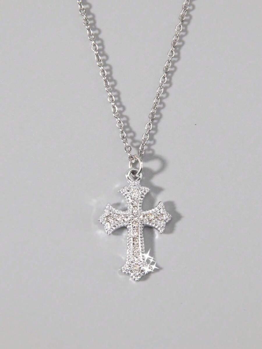 1 pieza Collar con colgante de cruz de estilo gótico de lujo con rhinestones, regalo para fiesta de vacaciones, Halloween - Plateado - Ver 1
