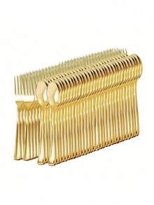100/50/25/10pcs Gold Cutlery Set, Including Cake/Salad Forks, Spoons, Reusable Plastic Tableware, Suitable For Home, Restaurant, Wedding, Outdoor, Birthday, Party, Holiday Gathering, Personalized Gift, Valentine's Day, Celebration Party, Kitchen & Dining, Kitchenware Set - Gold - View 10