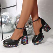 女士PU皮革拼接性感搭扣防水厚底派对高跟鞋，时尚粗跟，搭配连衣裙、牛仔裤，提升女性魅力，舒适优雅的高跟鞋 - 黑色 - 查看 1