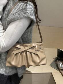 New Autumn/Winter Fashion Versatile Personality Pleated Bow Decor Women's Handbag, Elegant Gentle Sweet Style, Suitable For Shopping, Wallet, Shopping, Young Women, College Students, Newlyweds, White-Collar. Ideal For Office, School, Work, Business, Commuting, Outdoor Activities, Travel, Outings And Other Occasions. - Khaki - View 7