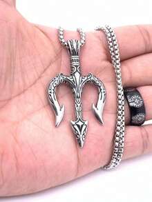 1件新款时尚复古海王星三叉戟吊坠水手鱼叉项链，护身符首饰礼物，男女皆宜 - 銀色 - 查看 6