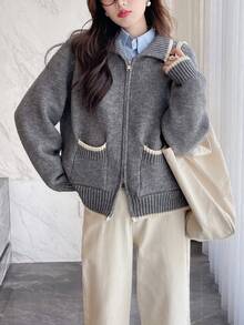 女士休闲复古风撞色领拉链开衫，秋冬款 - 灰色 - 查看 2