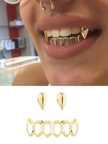 1 Set Glossy Tiger Fang & Hollow Fang Combination, Fashionable & Funny Cosplay Teeth Jewelry, Unisex - Vàng - Xem 5