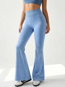 女士高腰瑜伽喇叭裤 | 提臀塑形 | 修身款 | 春季健身休闲长裤 - 淺色水洗藍 - 查看 2