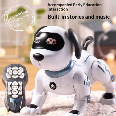 [Robot interactivo] Un conjunto de perros robot interactivos de control remoto para niños, 1 pieza de material ABS con control remoto de infrarrojos, sensor táctil, funciones de canto y baile, puede transformarse en múltiples formas, sin batería incluida, juguete mascota interactivo, un regalo ideal para niños y niñas en cumpleaños, Navidad y Halloween (algunos colores de los accesorios son aleatorios)