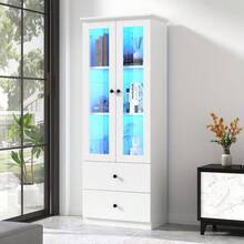 Moderne LED-Vitrine weiß matt 165 cm hoch mit USB-Anschluss, 16-Farben-Fernbedienung, Glasvitrine mit 2 Schubladen, Vertikalvitrine mit verstellbaren Fachböden, Vitrine mit Flügeltüren, MDF-Wohnzimmer - Weiss - Übersicht 4