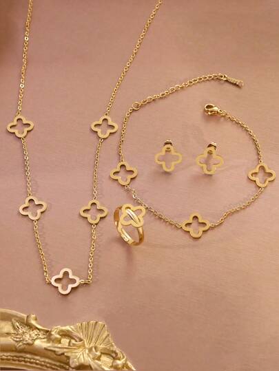 Juego de joyería de 5 piezas de acero inoxidable con trébol hueco, juego de joyería de moda con forma de flor de trébol hueco, adecuado para uso diario, banquetes y fiestas, regalo perfecto para el Día de San Valentín y aniversario para chicas