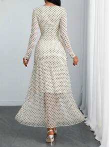 Women's Gothic Sexy & Elegant Modern Contrast Stripe Asymmetrical Ruffle Waist Double-Layer Mesh Long Sleeve Dress, Suitable For Dates, Vacations And Daily Commute Spring - Apricot - View 3