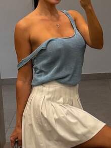 女士夏季蓝色度假沙滩吊带背心，低领口 - 藍色 - 查看 3