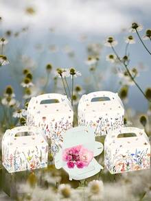 12个装野花主题派对糖果盒，花卉派对回礼盒，野花主题糖果盒，适用于新娘送礼会、生日派对、婚礼派对用品，多色野花纸质礼品盒，派对回礼盒，山墙式盒身，印有中国风花卉图案的糖果盒 - 彩色 - 查看 6