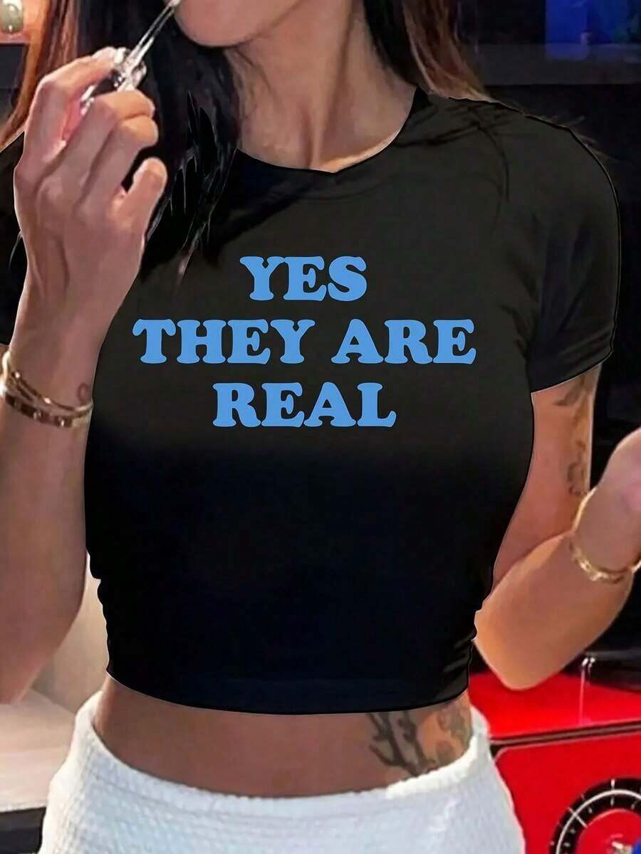 Y2K-Style Women's Cropped Top. Fashion Women's Wear Black Short T-Shirt With Blue "YES THEY ARE REAL" Letter Pattern - Black - View 1