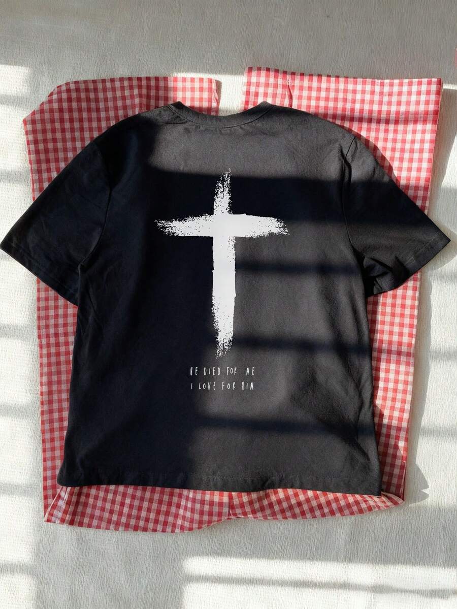 Women's Casual Vacation Round Neck Short Sleeve T-Shirt, Printed With Cross Slogan, Women's Top. Graphic Tee, Women's White Top, Black Top - Black - View 1
