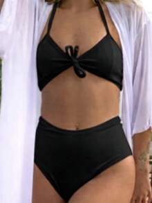 Biquini Cós Alto  elegante    Tecido revestido    biquini  Praia  Férias    piscina - Preto - Visão 3