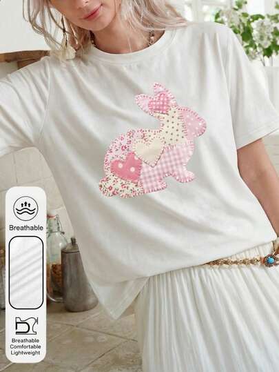 Blusa casual de verano para mujer de talla grande con estampado floral y parches de conejo, cuello redondo y mangas cortas, en color rosa y blanco. Camiseta blanca de mujer con estampado a cuadros para Pascua