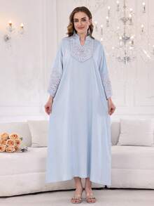 2026 New Style Ramadan Traditional Elegant Embroidered Beaded Dress, Modest Arabic Women's Dress With Small Stand Collar And V-Neck, Blue - Blue - View 2