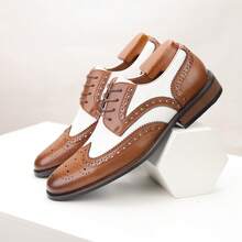 Classic Retro Men's Genuine Leather Business Casual Shoes, Comfortable And Versatile Formal Wear Men's Derby Shoes, Block Carved Lace Up Color Blocked Men's Leather Shoes - 棕白色 - 查看 7