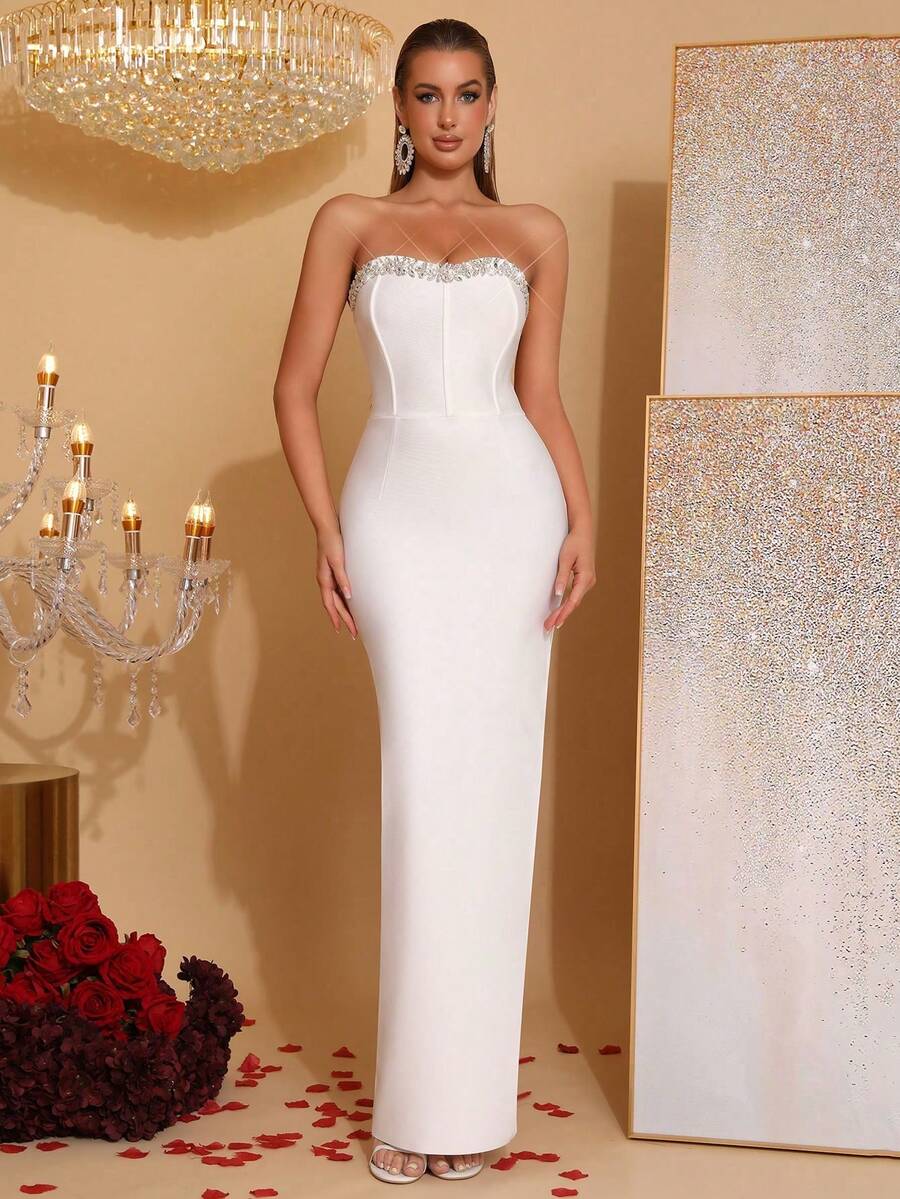 Modphy New Women's Rhinestone Strapless Slit Thigh Tube Bodycon Wedding Bridesmaid Dress, Holiday Party Bandage Dress - Putih - View 1