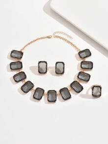 三件套奢华复古几何镀金合金仿烟晶长方形大宝石项链耳环戒指首饰套装，优雅适合派对、通勤、约会等场合。 - 金黃色+透明灰 - 查看 9