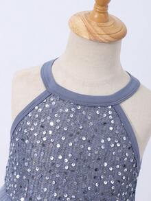 Girls' Elegant Solid Color Sequin Mesh Dress, Spring/Summer - Navy Blue - View 3