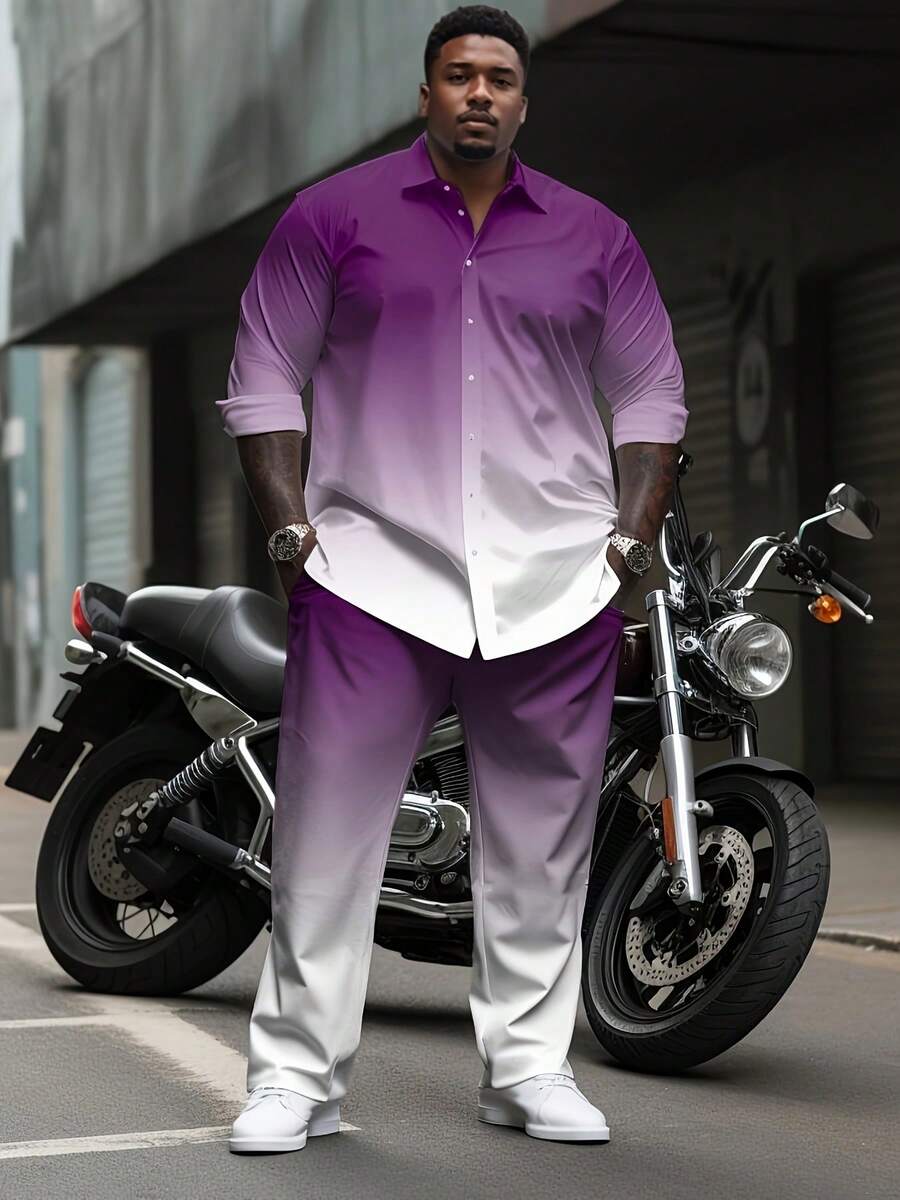 Men'S Fashionable Two-Piece Set In Plus Sizes, Featuring 3D Printing, Machine Washable, Ideal For Outings And Travel - 漸變紫 - 查看 1