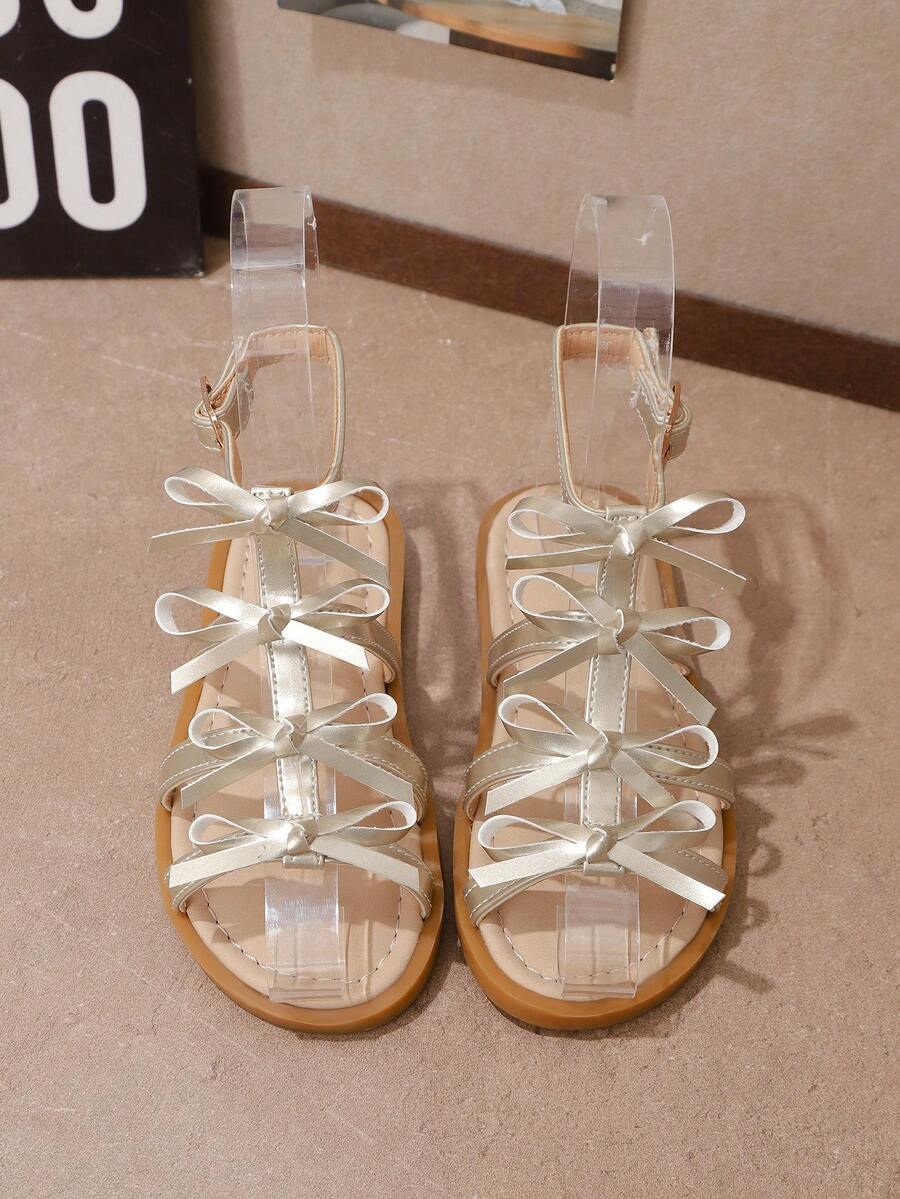 1双儿童平底凉鞋，圆头，搭扣，香槟色条纹蝴蝶结装饰，缝线设计，新款夏季女童凉鞋，适合海滩、日常穿着和户外活动 - 香檳色 - 查看 1