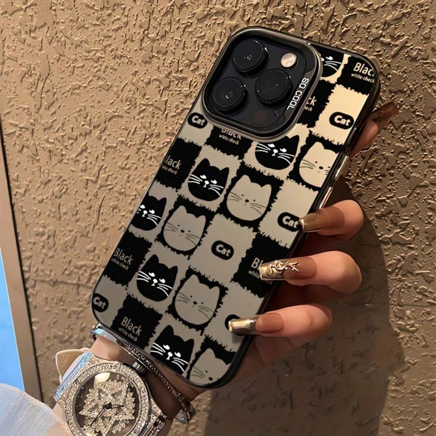 Black White Cat Pattern Phone Case It Is Compatible With IPhone 17/16/15/14/13/12/61 Pro Max/Pro/Plus Models. It Features A Stylish And Minimalist Design And Provides Shockproof And Abrasion-Resistant Protection. - Black - View 1