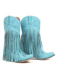Vintage Fringe Tassel Western Cowgirl Boots For Women Pointed Toe Block Chunky Heels Slip-On Comfy Festival Riding Retro Mid Calf Cowboy Boots Woman - Màu xanh bạc hà - Xem 5