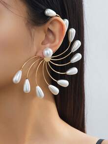 1pc Fashionable Faux Pearl Decorated Iron Wire Earrings, Suitable For Women's Party, Gathering, Banquet Attendance, Gift - Red - View 7