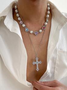 2件套嘻哈风3D镶嵌爱心水钻十字架吊坠仿珍珠几何细链项链套装，摇滚朋克时尚日常休闲街头风情侣魅力百搭时尚男士项链礼物 - 項鍊 - 查看 4