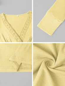 Y2K休闲性感V领修身针织长袖上衣，阳光女孩夏季街头服饰及休闲服春季款 - 黃色 - 查看 12