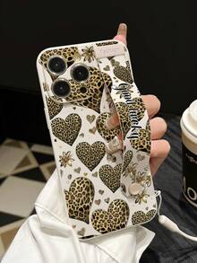1pc White Leopard Print Heart Pattern Shockproof Full Coverage Phone Case With Matching Wrist Strap, Can Be Used As A Stand, Suitable For Self-Use Or As A Couple/Valentine's Day Gift, Compatible With IPhone 7/8/X/11/12/13/14/15/16 Series - Multicolor - View 5