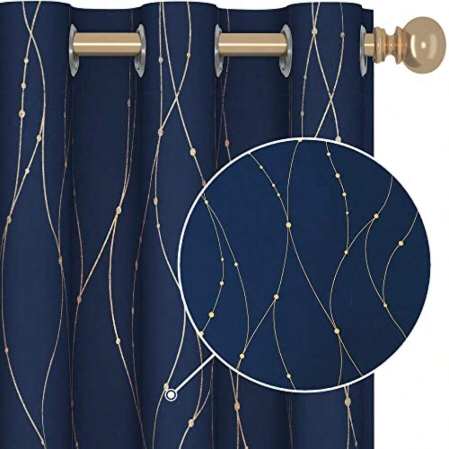 Japanese Curtainsn Cortinas de color azul marino para ventana pequeña cortinas opacas de oscureiento de abitacion cortinas de ondulada dorada y puntos 106.7 x 114.3 azul marino 2 pane - Azul marino dorado - Ver 1