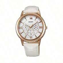 Orient Women's Luxury Rose Gold Crystal Edged Watch, Elegant White Leather Band Multi-Function Wristwatch, FSW03002W0 - White - View 1