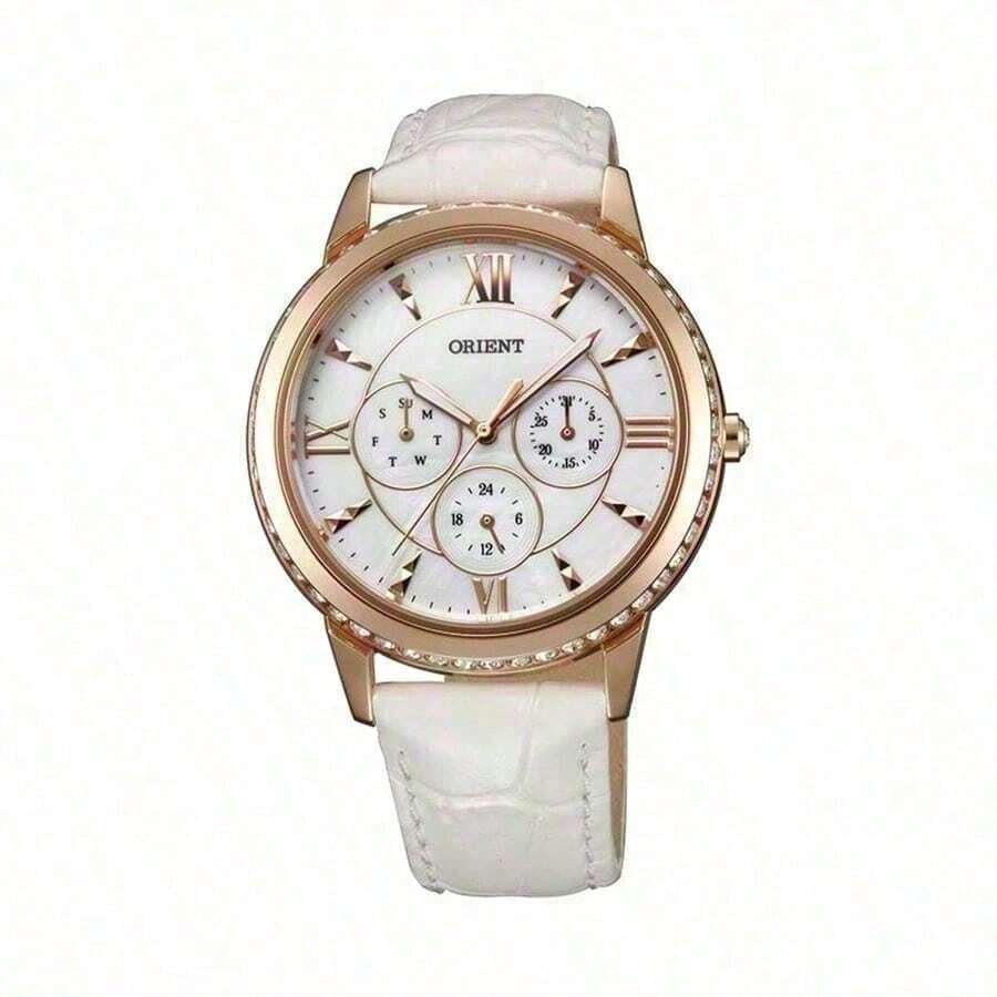 Orient Women's Luxury Rose Gold Crystal Edged Watch, Elegant White Leather Band Multi-Function Wristwatch, FSW03002W0 - White - View 1