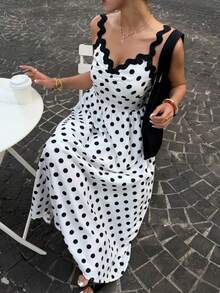 女士波点褶皱休闲度假约会长款吊带连衣裙 - 黑與白 - 查看 4